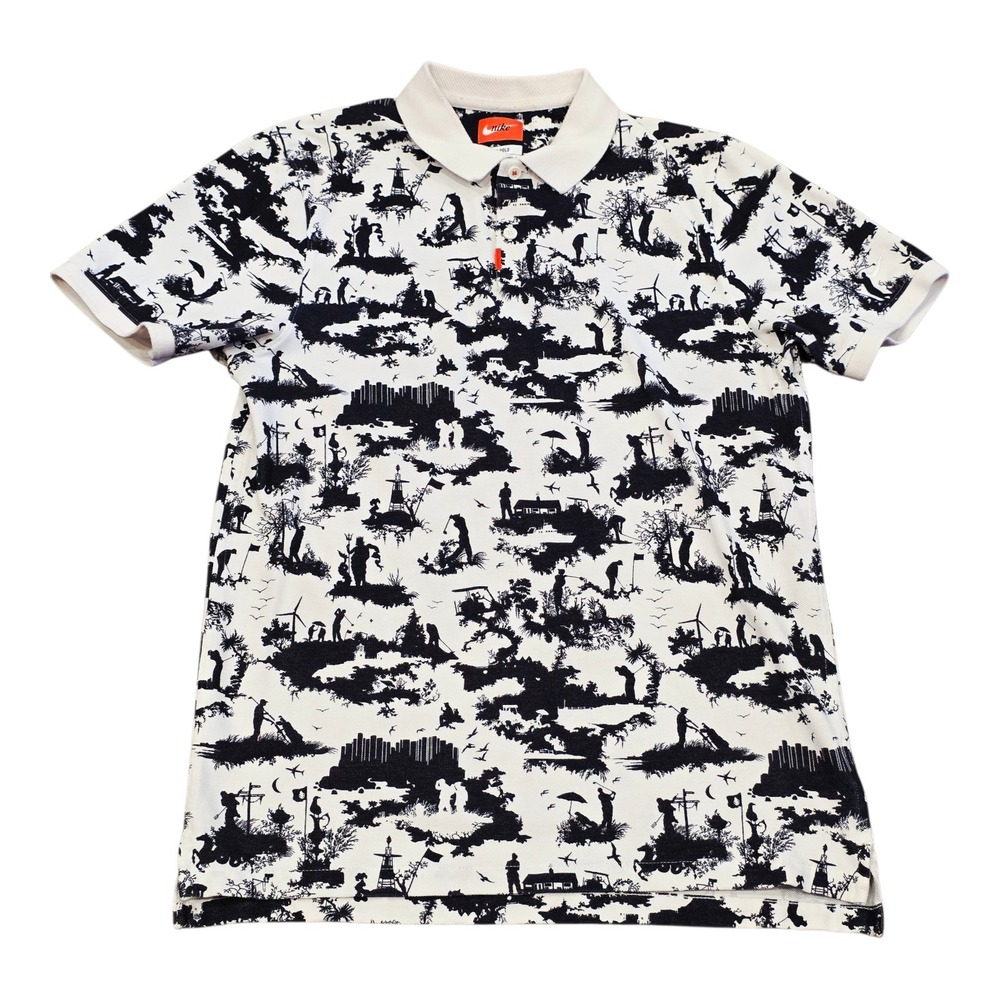 Mens Nike Toile Print Short Sleeve Golf Polo Shirt White Black S AV5244-133